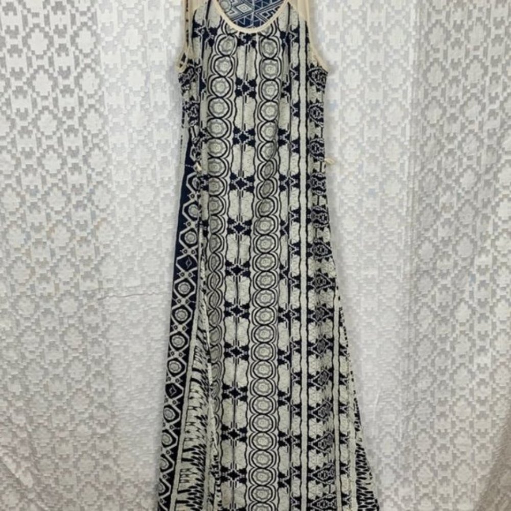 Ezra Full Length Long Maxi Dress Sleeveless Patterned Tribal Printed Blue Cream
